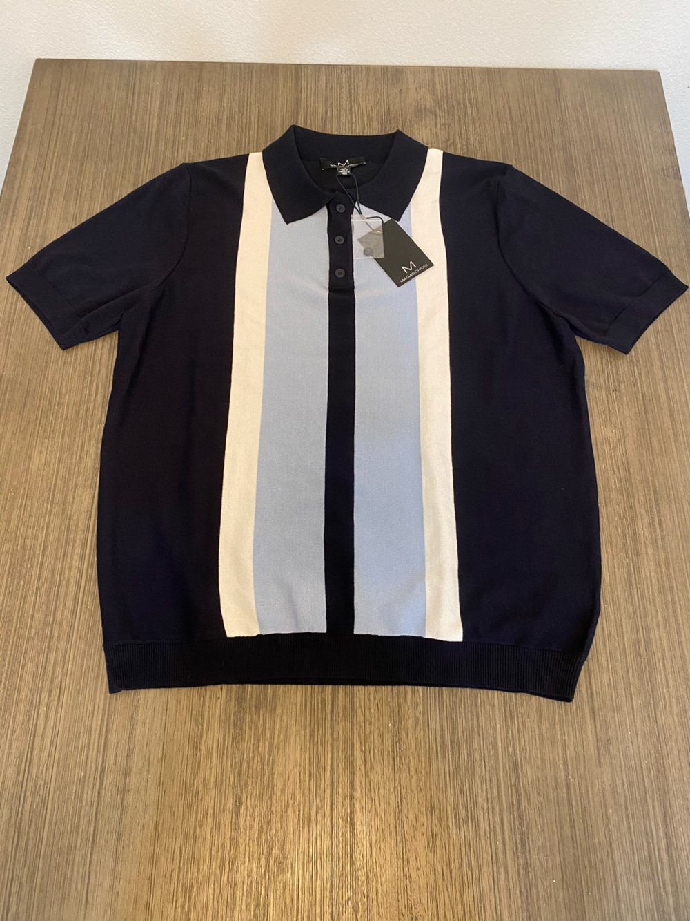 Magaschoni Knit Polo Shirt Navy Striped Short Sleeve NWT Size Large